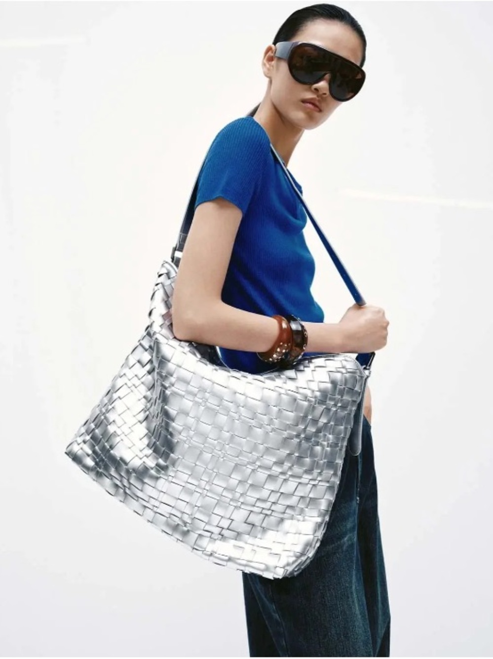 Woven Metallic Shoulder Tote in Silver
